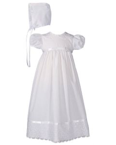 Poly Cotton Christening Baptism Gown with Lace Collar and Hem