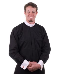 Men's Black Long Sleeve Neckband Collar Clergy Shirt With White French Cuffs