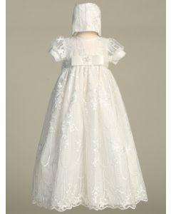 Girls Embroidered Tulle Christening Gown with Sequins and Satin Bow