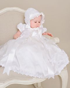 Girls Silk Christening Gown with Beaded Lace Overlay