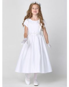 Satin First Communion Dress with silver corded trim on waist