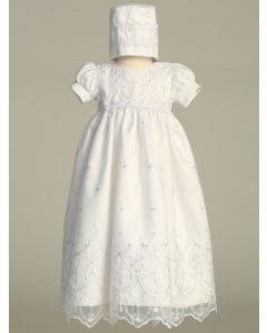 Girls White Christening Gown with Embroidered Tulle Crosses