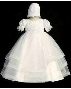 Short Sleeve Lace Bodice Organza Christening Gown