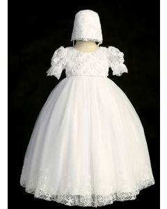 Short Sleeve Lace Bodice Organza Christening Gown