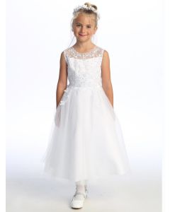 First Communion Dress Embroidered tulle with pearls and sequins Sheer Neckline