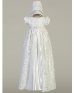 Girls Long Lace Satin Christening Gown
