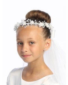First Communion Veil Corded Flowers with pearl accents