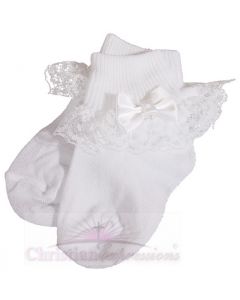 Girls White Christening Socks with Bow and Pearl