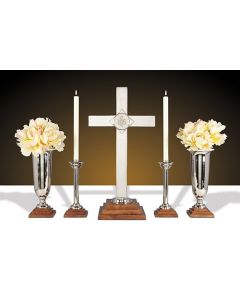 Nickel Altar Cross Set with Wood Base 
