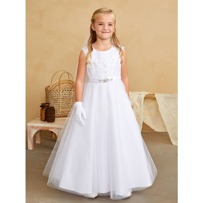 A Line First Communion Dress with Lace Bodice and Crystal Accent