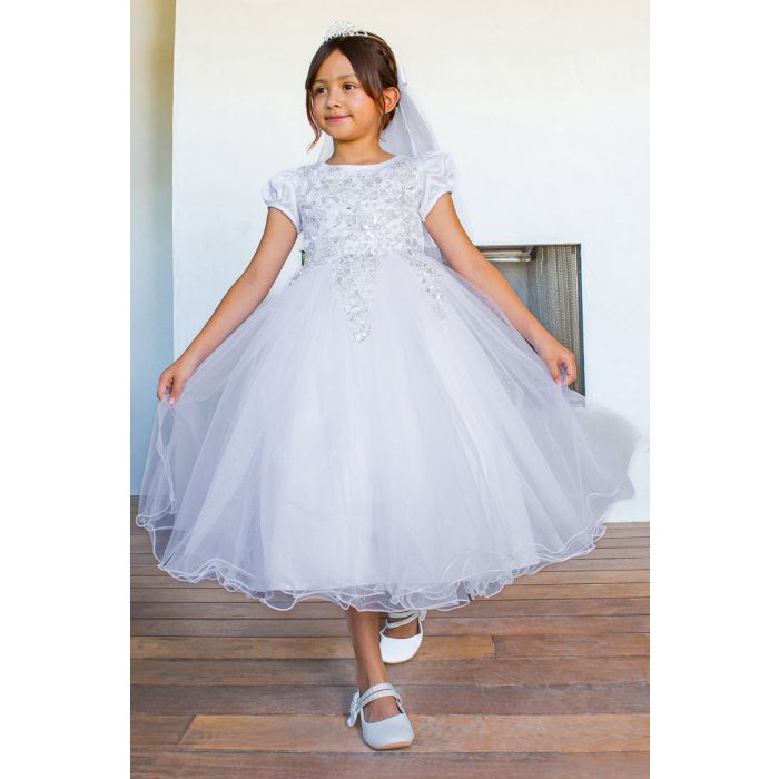First Communion Dress with Cap Sleeves and 3D Lace