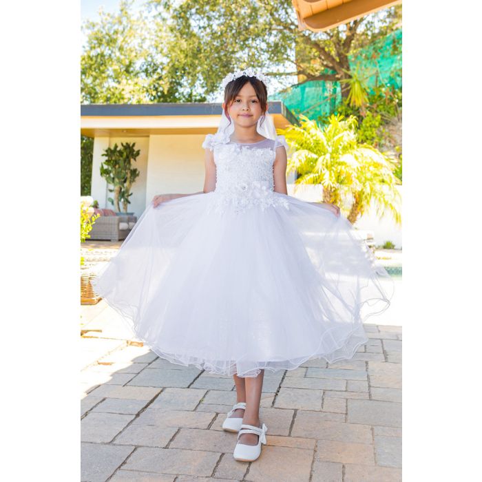 First Communion Dress Cap Sleeves With Flower on Shoulder