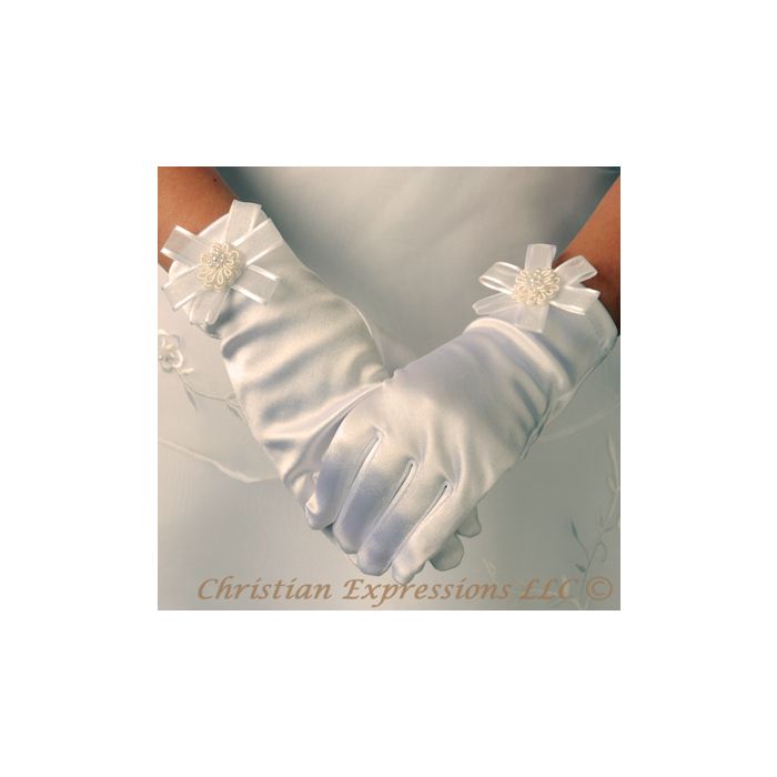 Satin First Communion Gloves with Organza Bow and Rosette