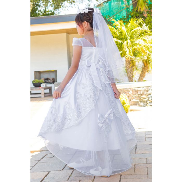 First Communion Dress With Long Organza Skirt and Bow