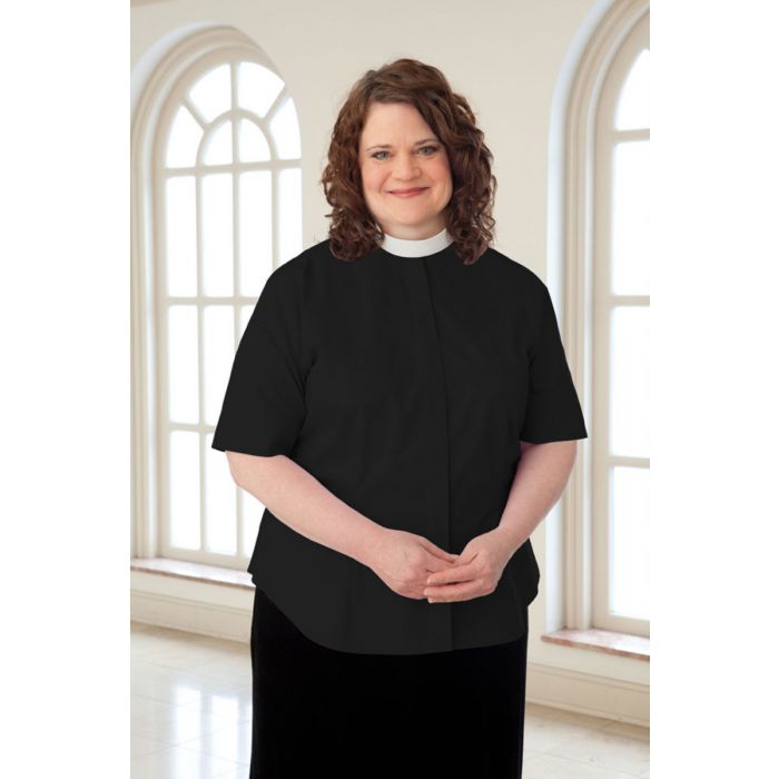 Women's Plus Size Short Sleeve Neckband Black Clergy Blouse
