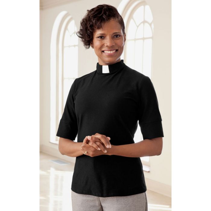 Women's Black Short Sleeve Knit Clergy Shirt