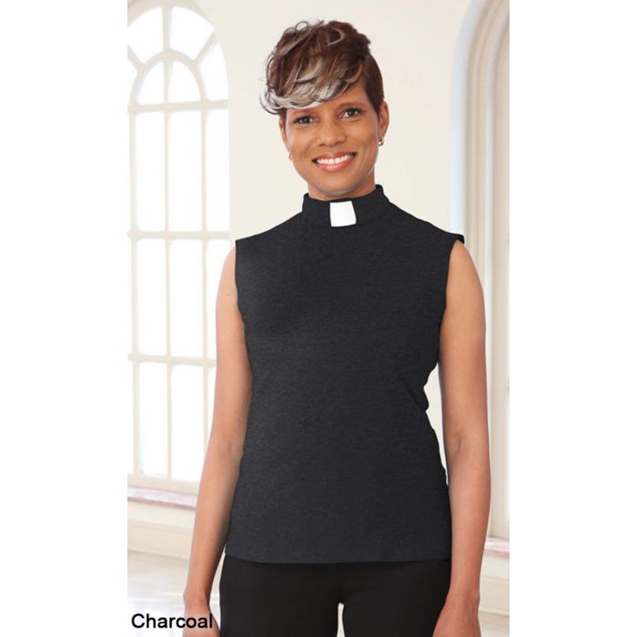 Women's Black Sleeveless Tab Collar Knit Clergy Shirt