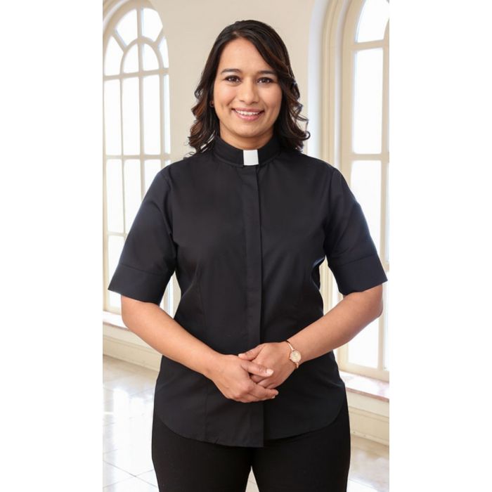 Women's Short Sleeve Fitted Black Clergy Blouse