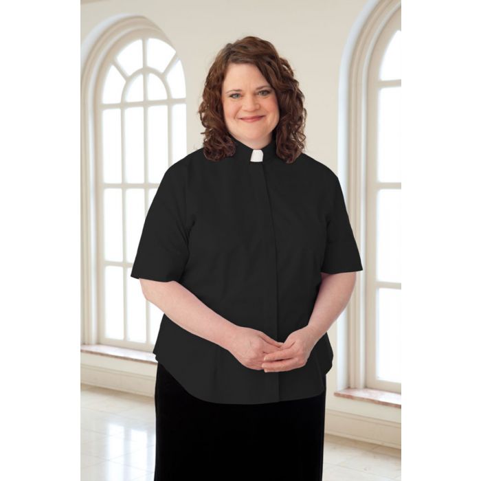 Women's Plus Size Short Sleeve Tab Collar Black Clergy Blouse