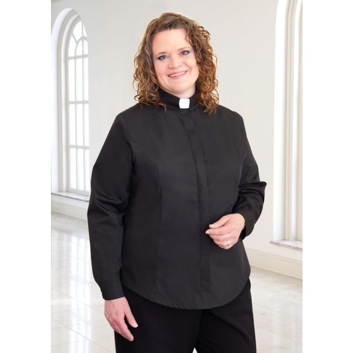 Women's Plus Size Long Sleeve Tab Collar Black Clergy Blouse