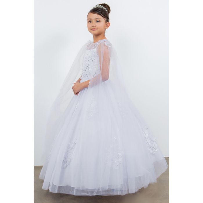 Beautiful First Communion Dress with Illusion Tulle Top Sheer Sleeves