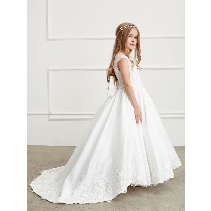 First Communion Gown Satin long train skirt with a lace hem