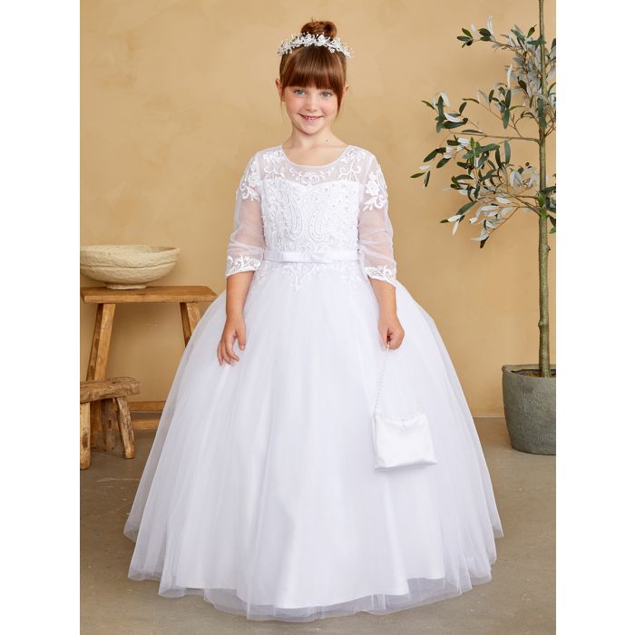 First Communion Gown With Lace bodice 3/4″ Sleeves and Bow