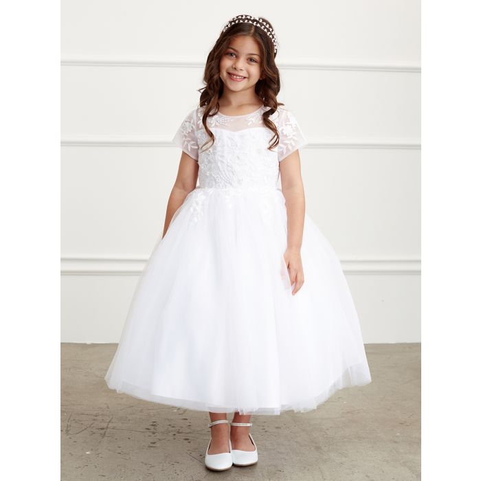 Floral Lace Applique Short Sleeved First Communion Dress