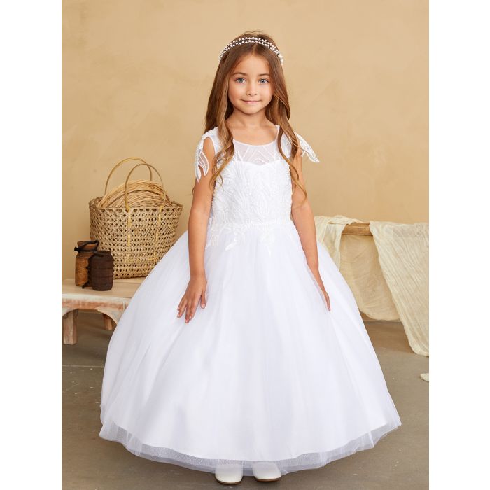 First Communion Dress with Sequin Lace with Beaded Leaf Accent