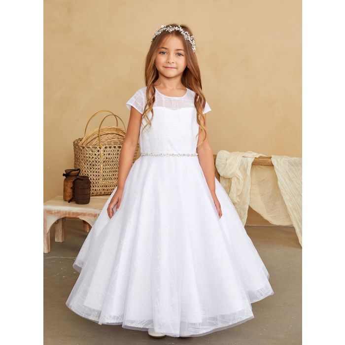 First Communion Dress with Glitter Tulle Cap Sleeves