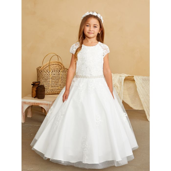 First Communion Dress with Lace Bodice Accents and Cap Sleeves