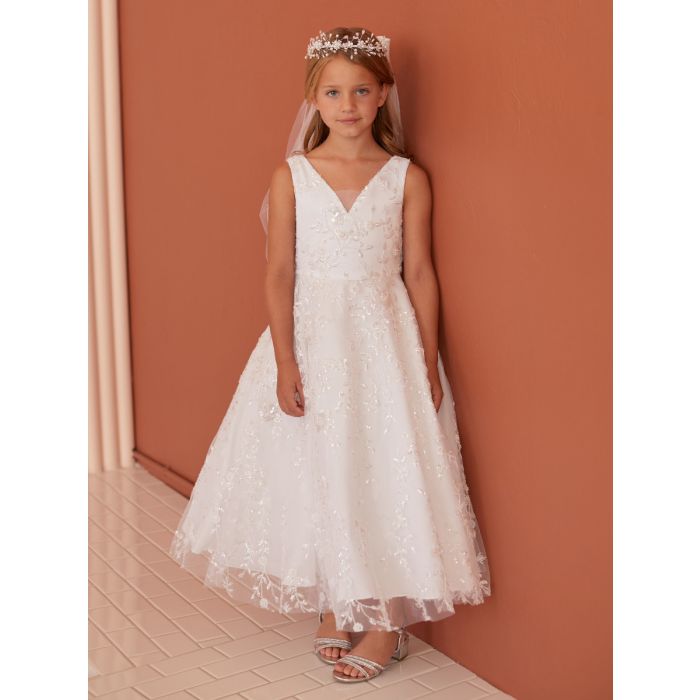 A Line Allover Beaded Lace First Communion Dress with V Back