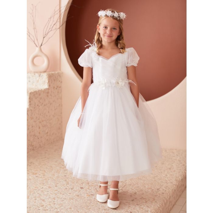 First Communion Dress Puff sleeve with 3d flower and feathers