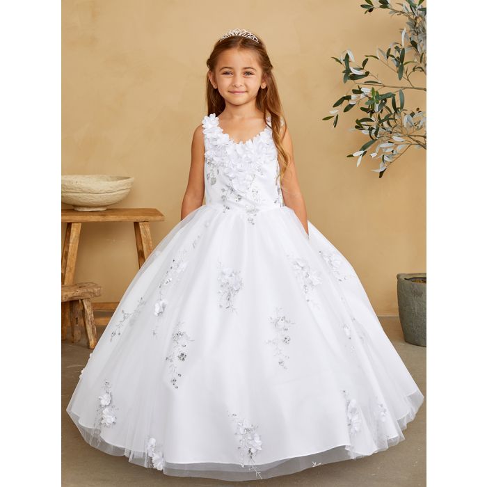 Glitter and Mesh First Communion Gown with 3D Flowers Silver Accents