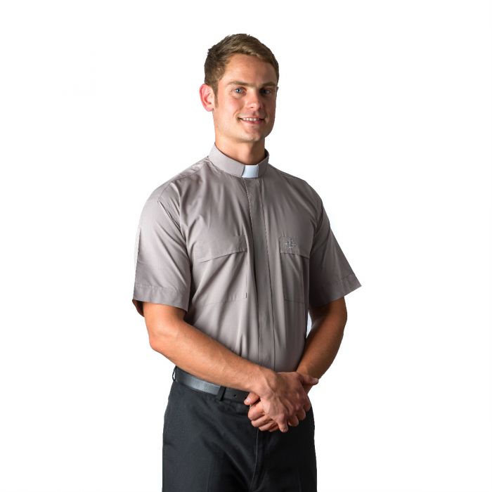 Grey Tab Collar Men's Clergy Shirt Short Sleeves