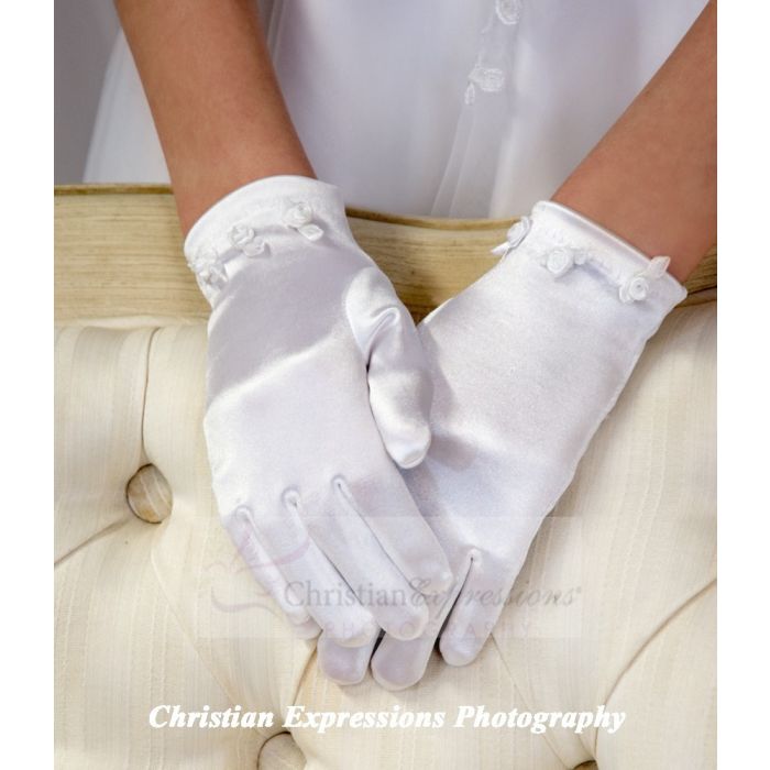 Satin First Communion Gloves w/Small Rosettes