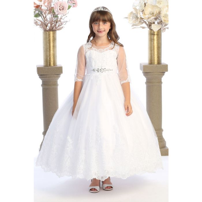 First Communion Dress with Embroidered Lace Hem 3/4 Length Sleeves