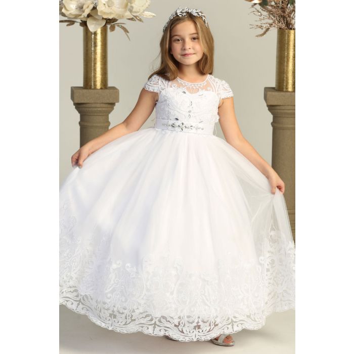 First Communion Dress with Embroidered Lace Hem and Bodice