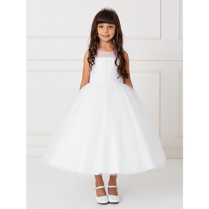 Holy Communion Dress with Illusion Neckline Scattered Pearls