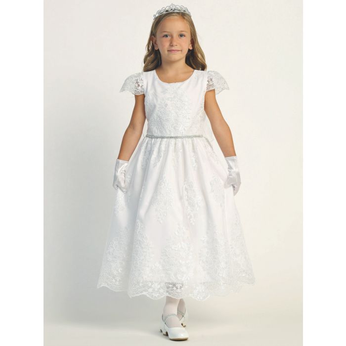 First Communion Dress with Embroidered Overlay Lace Cap Sleeves