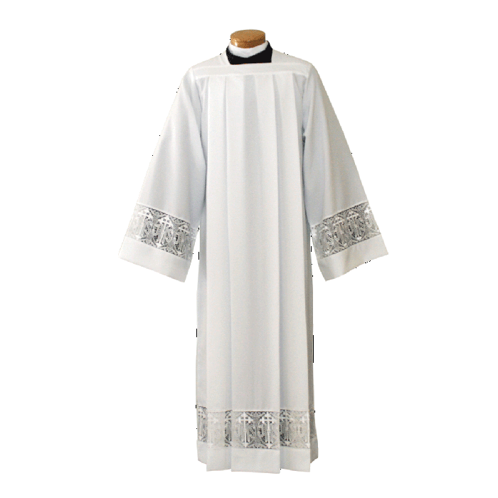 Clergy Alb with Lace Bands with Latin Cross and IHS Symbols