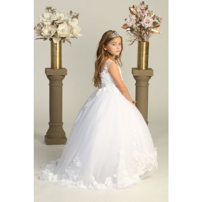 Stunning First Communion Dress with Train Embellished with Floral Appliques