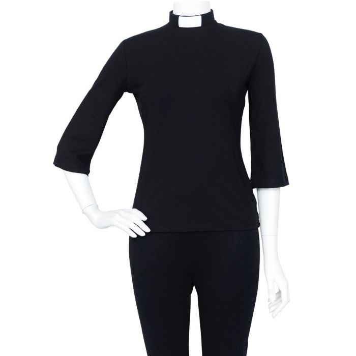 Women's Black Slim Fit Tab Collar Knit Clergy Top