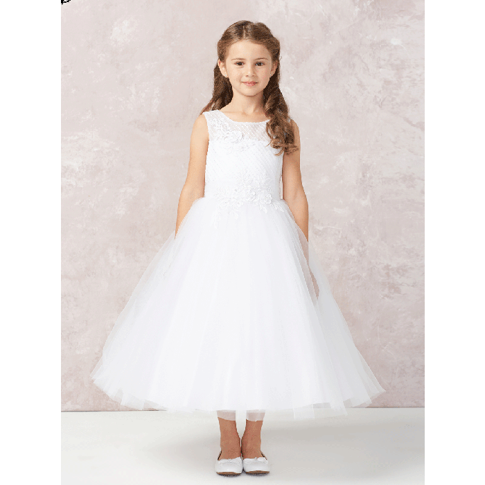 First Communion Dresses with Diagonal Embroidery with Lace Accent