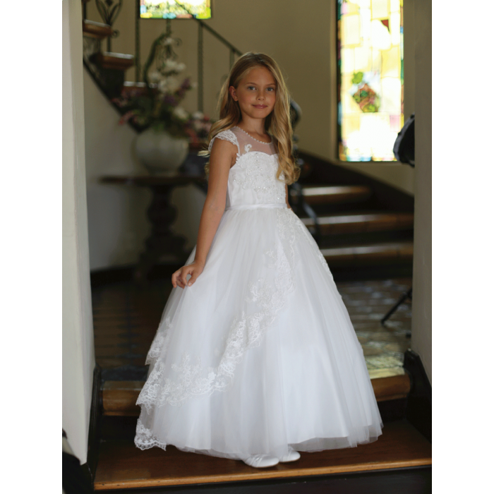Beautiful First Communion Dress with Cap Sleeves Split Skirt