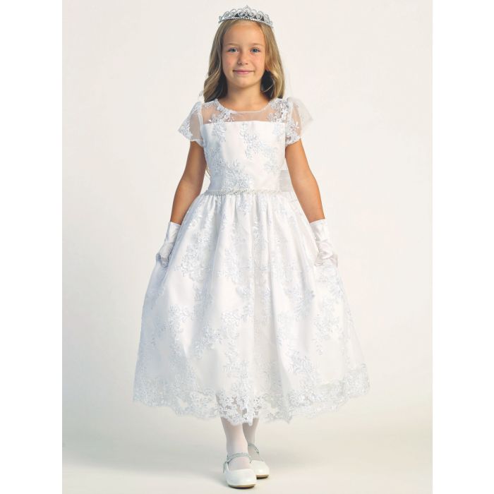 First Communion Dress Corded embroidered tulle dress with sequins