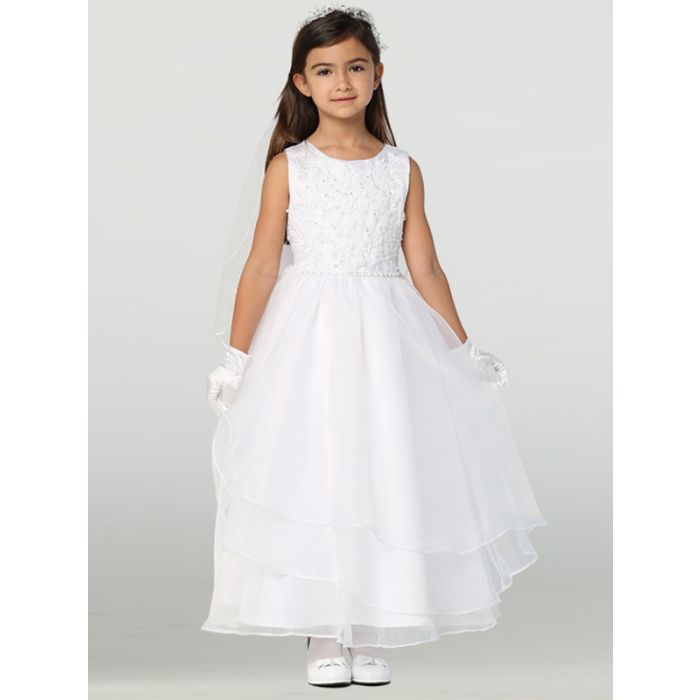 First Communion Dress with Embroidered Applique & Organza