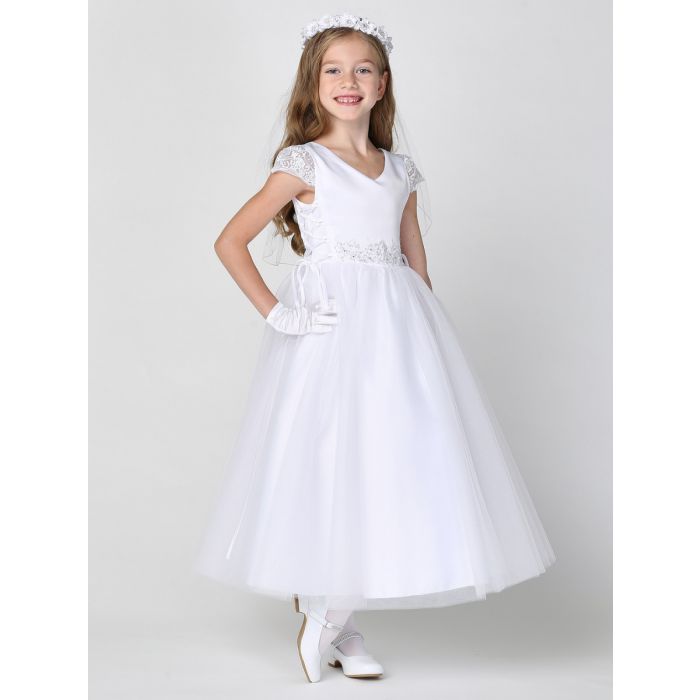 First Communion Dress with Satin Bodice and Lace Cap Sleeves
