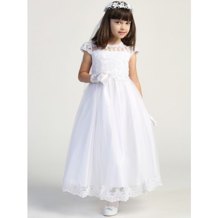 First Communion Dress Embroidered lace Bodice Cap Sleeves