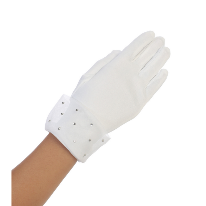 Matte Satin First Communion Gloves with Organza and Rhinestones Cuff